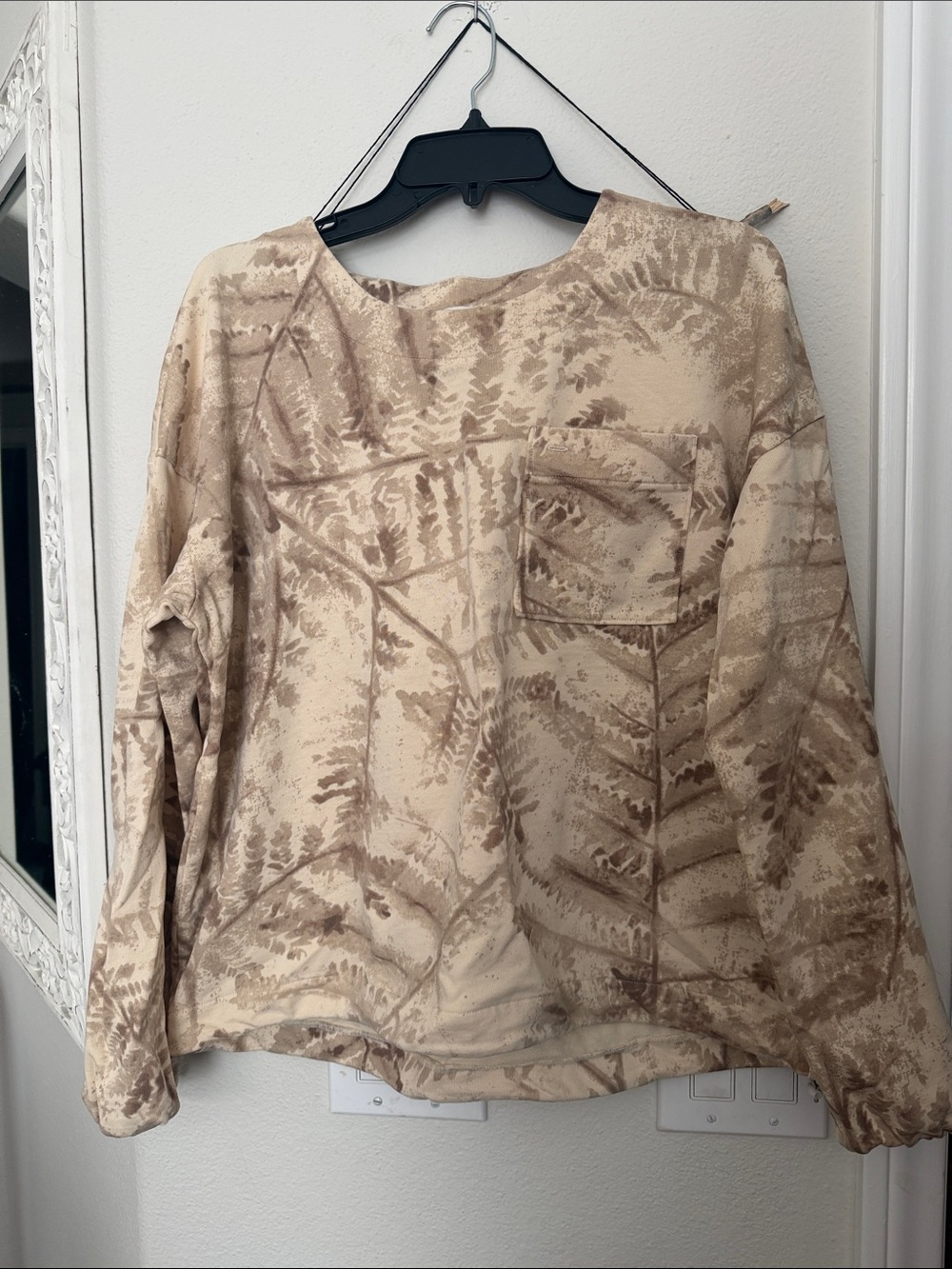 REI Cooperative Beige Fern-Print Pullover Sweatshirt with drawstring waist